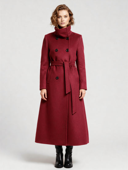 Belted Long Woolen coat with Double-breasted and high collar For Women 2026