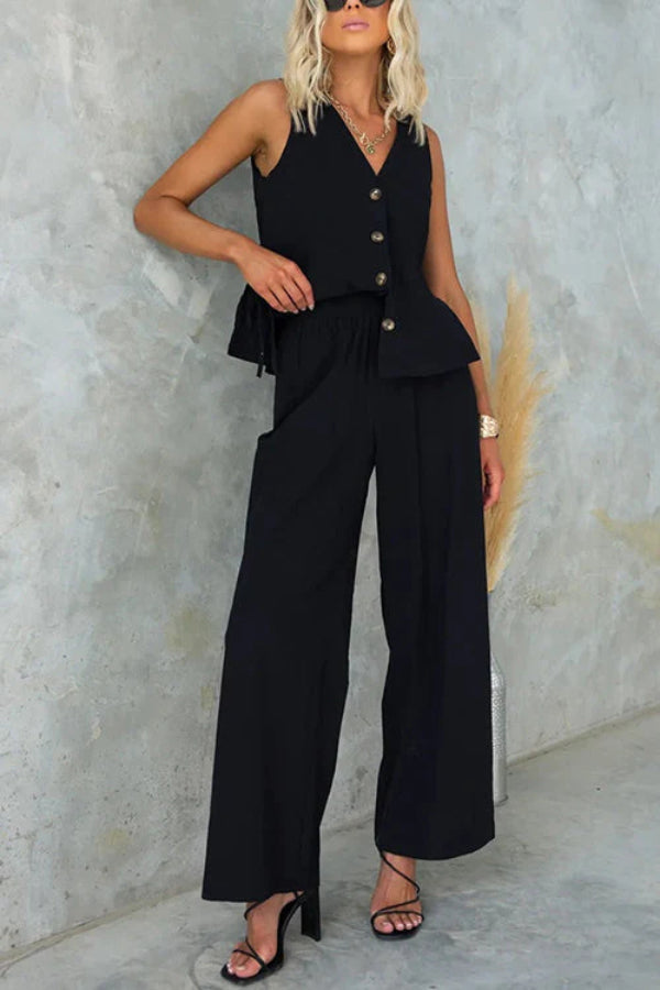 Side Split Button Up Sleeveless Top and Wide Leg Pants Set