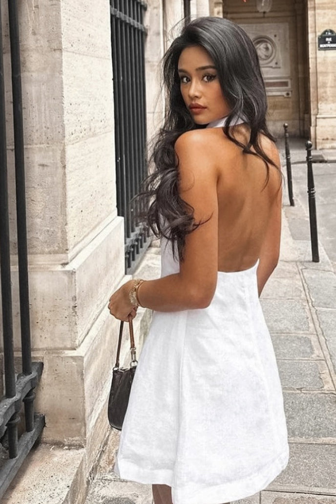 Halter Notched Lapel Button-Front Princess Seam A-Line Mini Dress
