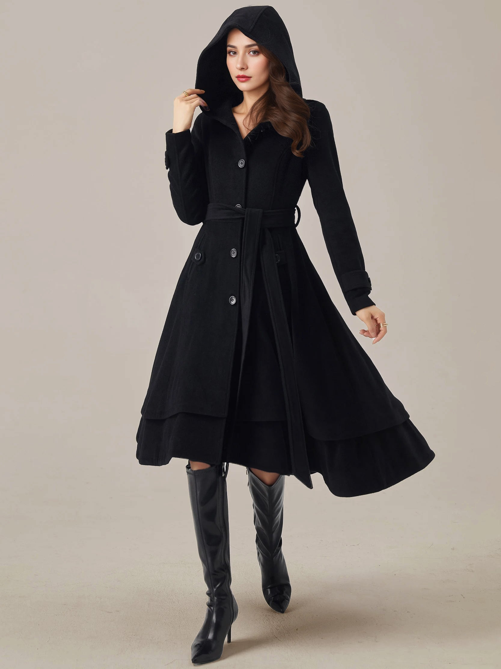 Woolen Flared Coat For Woman Hooded Belted A-line Vintage Winter Midi Outerwear 2026