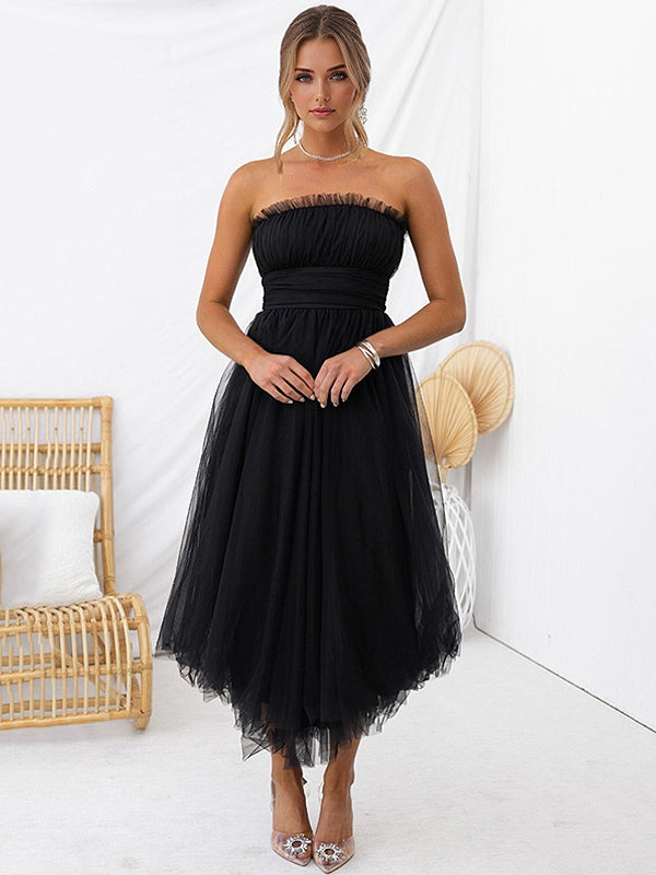 Tulle Dresses Strapless Pleated Off The Shoulder Layered Prom Midi Dress