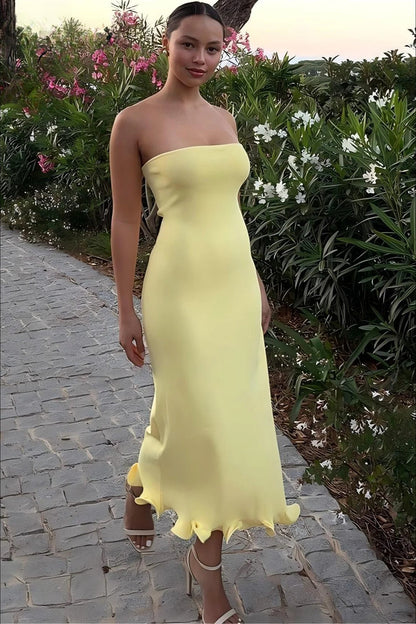 Strapless Bandeau Bodycon Ruffle Hem Midi Dress