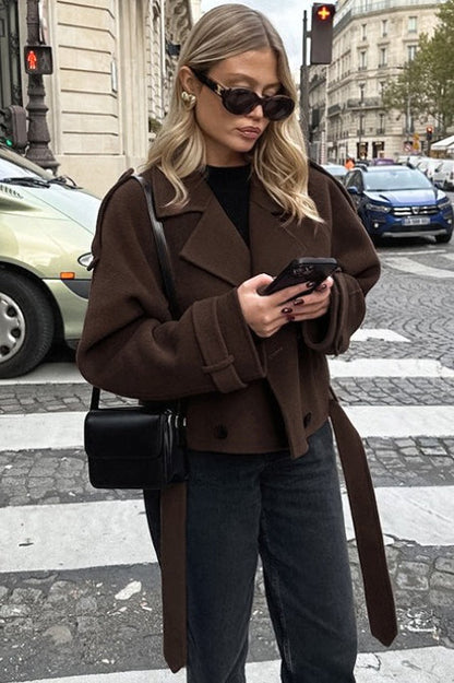 Notch Collar Double-Breasted Wool Blend Chic Trench Coat