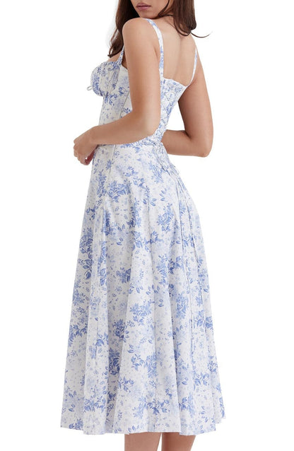 Floral Lace Up Back Spaghetti Strap Corset Fit and Flare Midi Dress