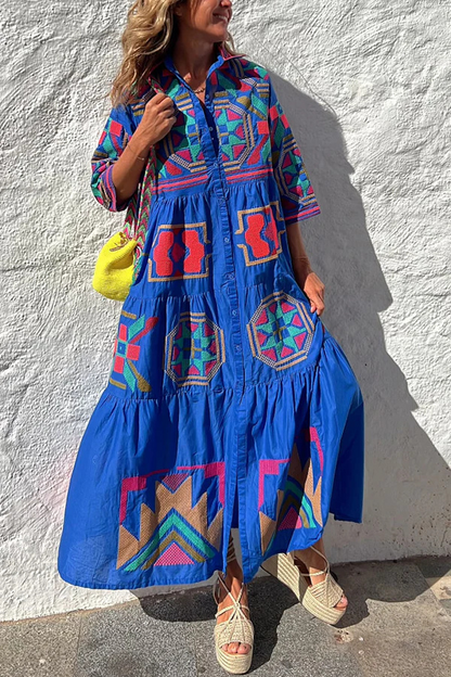 Take Me To Cabo Ethnic Unique Print Button Loose Shirt Midi Dress