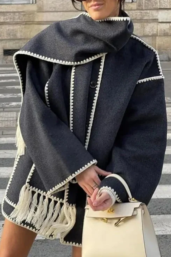 Scarf-Neckline Felt Woolen Coat