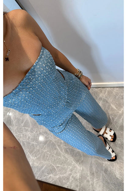 Fashionable Look Denim Sequin Textured High Rise Pocket Straight Jeans