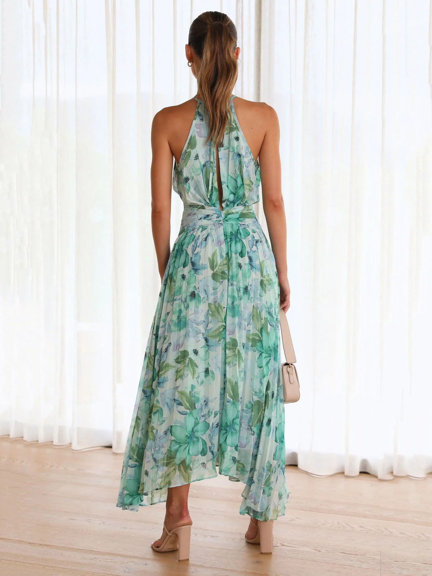 Print Maxi Dresses Floral Sleeveless Halter Elegant Layered Pleated Backless Long Summer Dresses