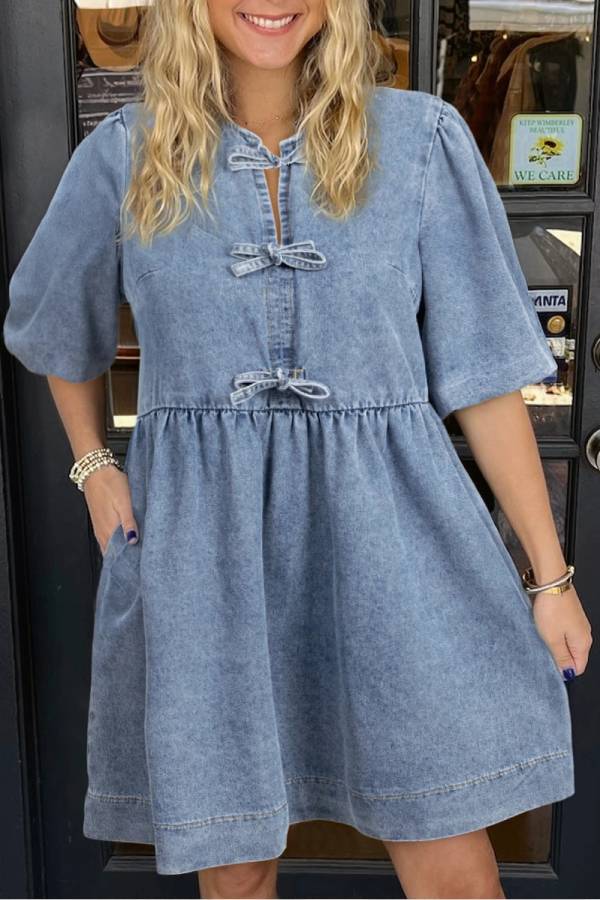 Dusk Blue Bowknot Puff Sleeve Denim Dress
