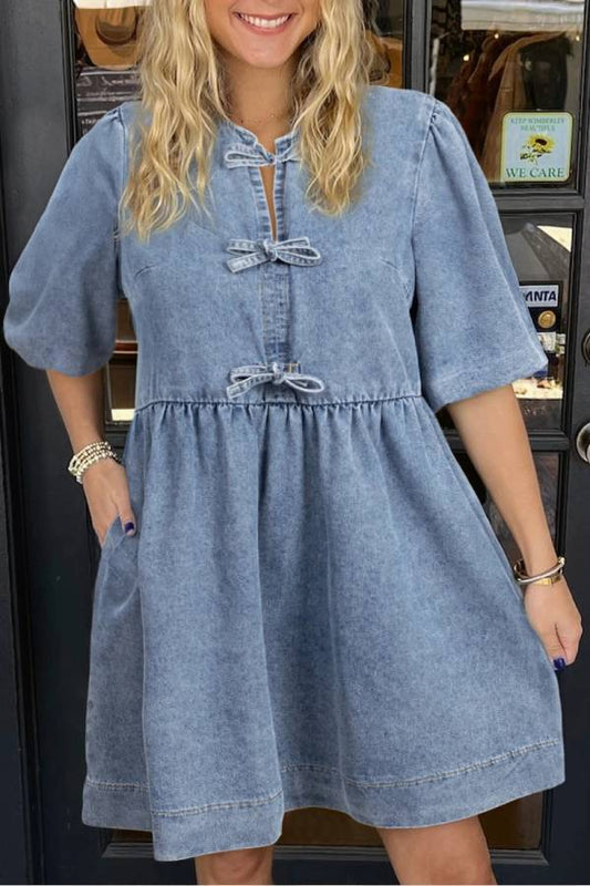 Dusk Blue Bowknot Puff Sleeve Denim Dress