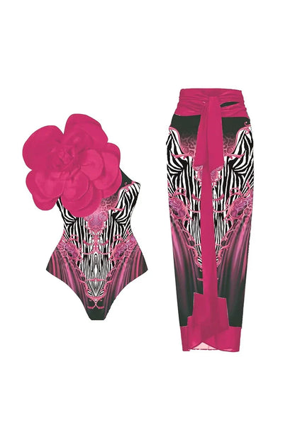 Magenta Floral Print 3D Flower Swimsuit