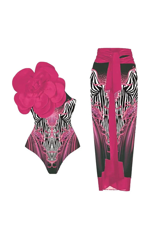 Magenta Floral Print 3D Flower Swimsuit