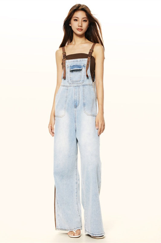 Washed Wide Leg Suspender Jeans