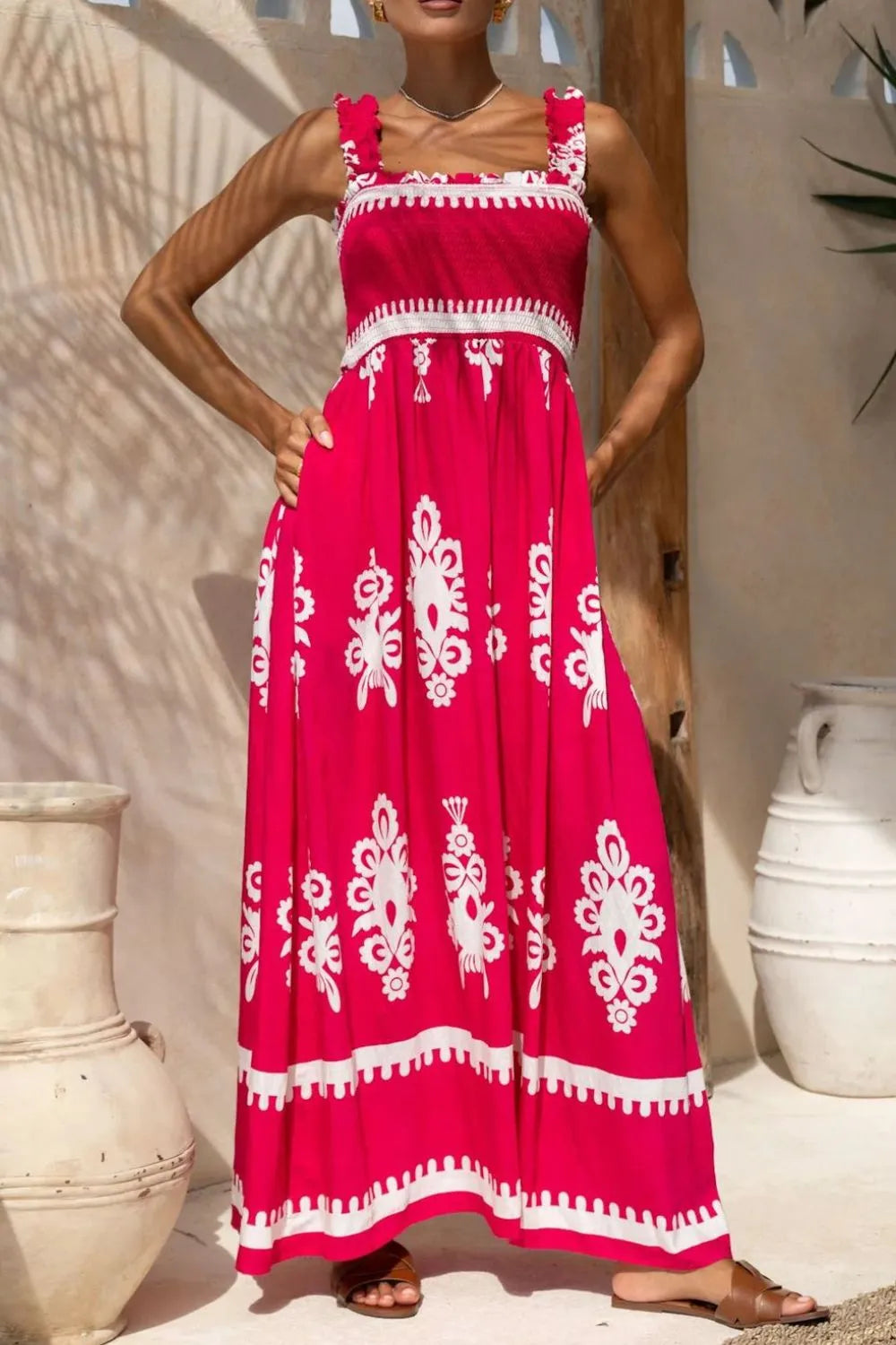 Folk Print Square Neck Smocked Ruffle Strap Empire Waist Maxi Dress