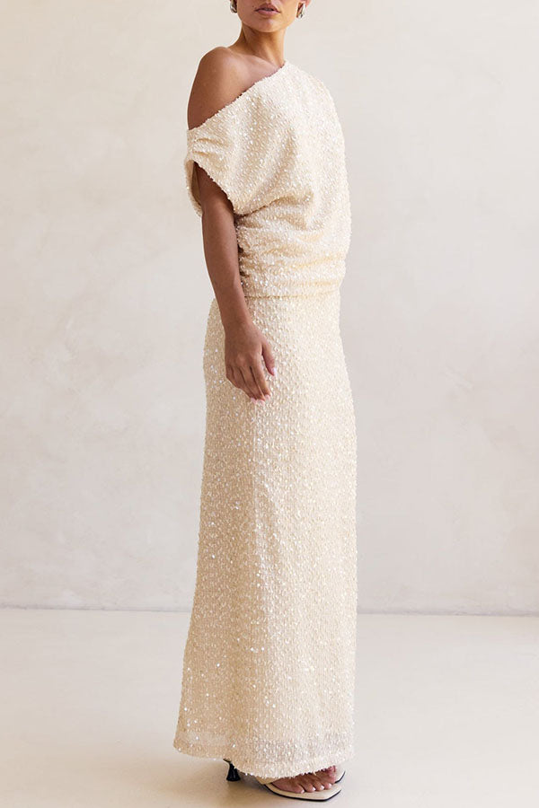 Milla Knit Sequin Asymmetrical Neck Draped Loose Top