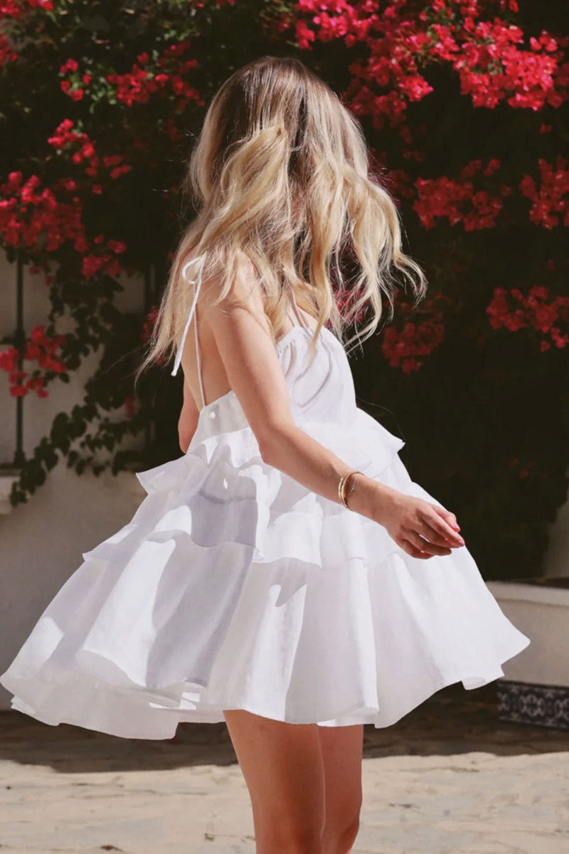 Tie Shoulder Tiered Ruffle Scoop Neck Babydoll Mini Dress