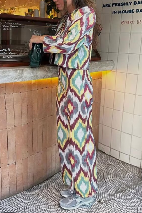 Printed Single-Breasted Cotton Jacket + Casual Trousers Set