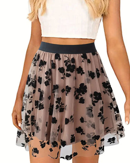 Flocked Mesh Flower A-Hem Short Skirt