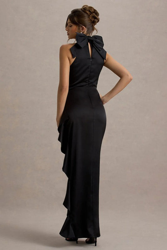 High-Neck Lace Slit Party Dress