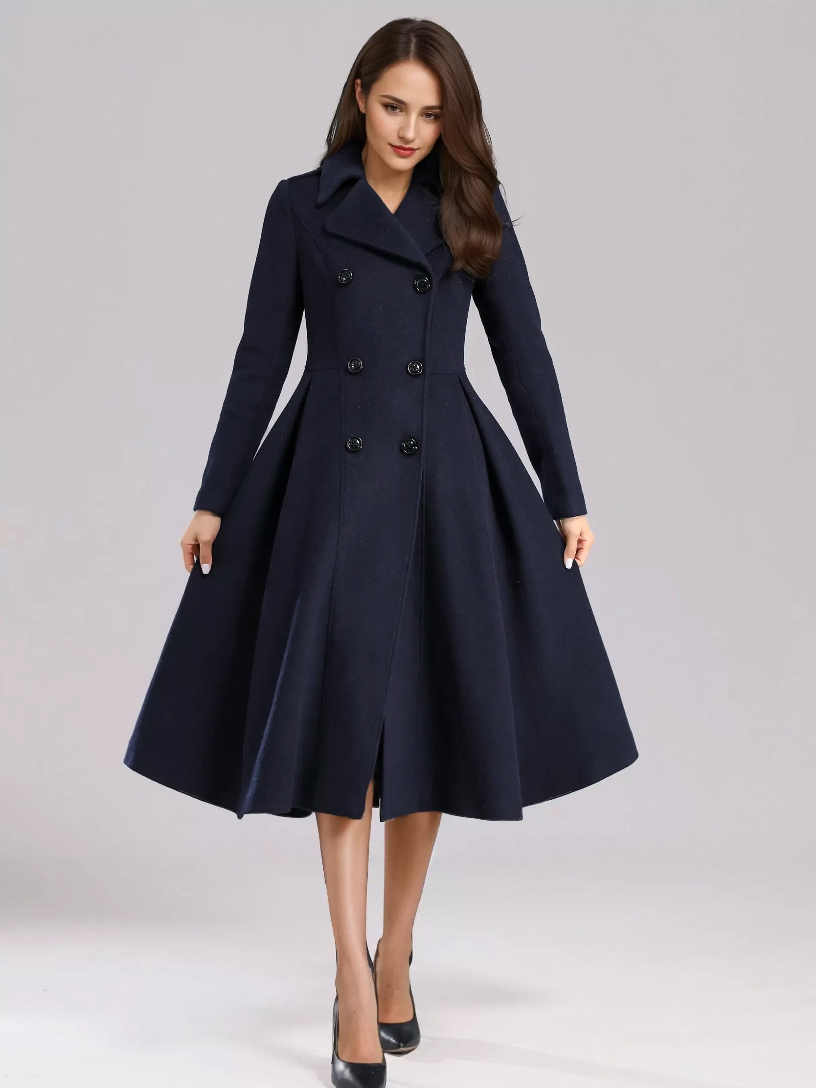Green Woolen Flared Coat Double-breasted Wide Lapel Winter A-line Midi Outerwear 2026