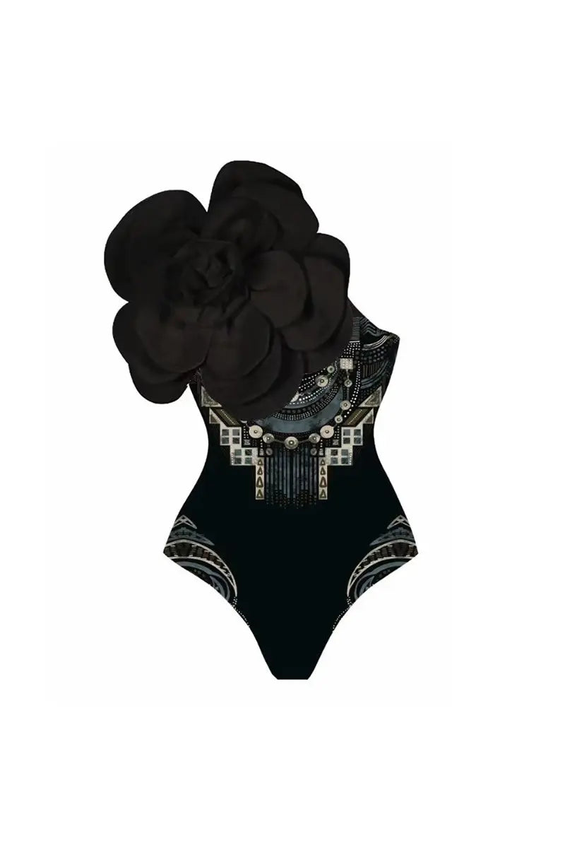 3D Black Floral Bust Decor Printed Swimsuit