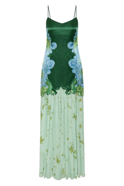 Fresh Bloom Unique Print Satin and Pleated Tulle Hem Slip Maxi Dress