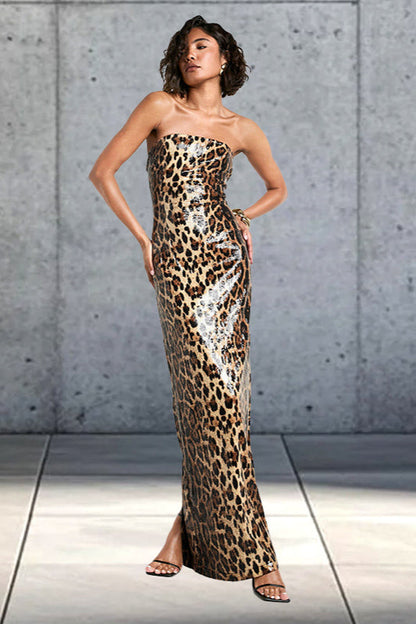 Colorblock Leopard Strapless Maxi Dress
