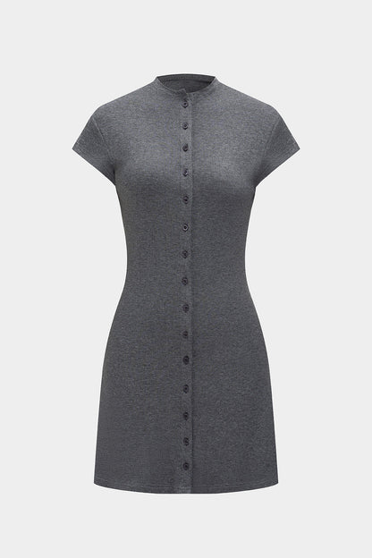 Solid Color A-Line Button Short Sleeve Mini Dress