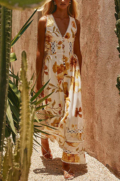 Clover Linen Blend Floral Print Cutout Trim Button Up Side Lace-up Maxi Dress