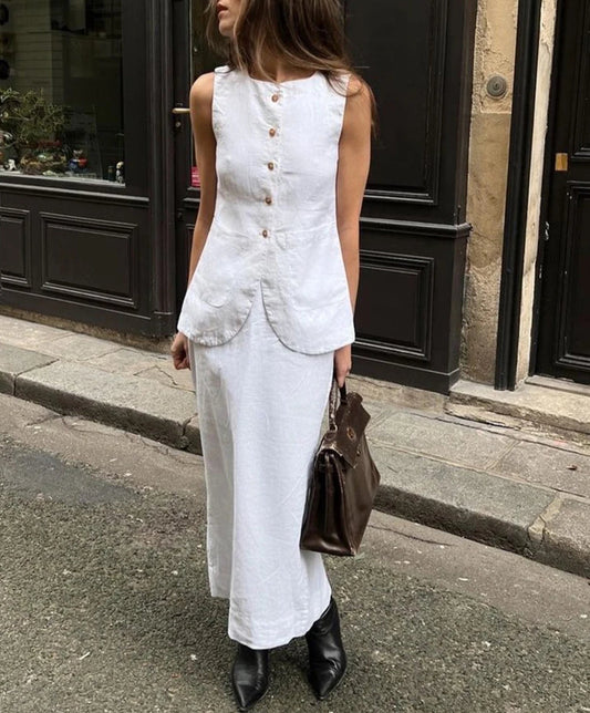 White Cotton Sleeveless Long Skirt Office Two Piece Set