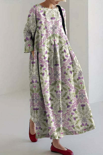 Scotland Thistle Print Crew Neck Loose Midi Dress