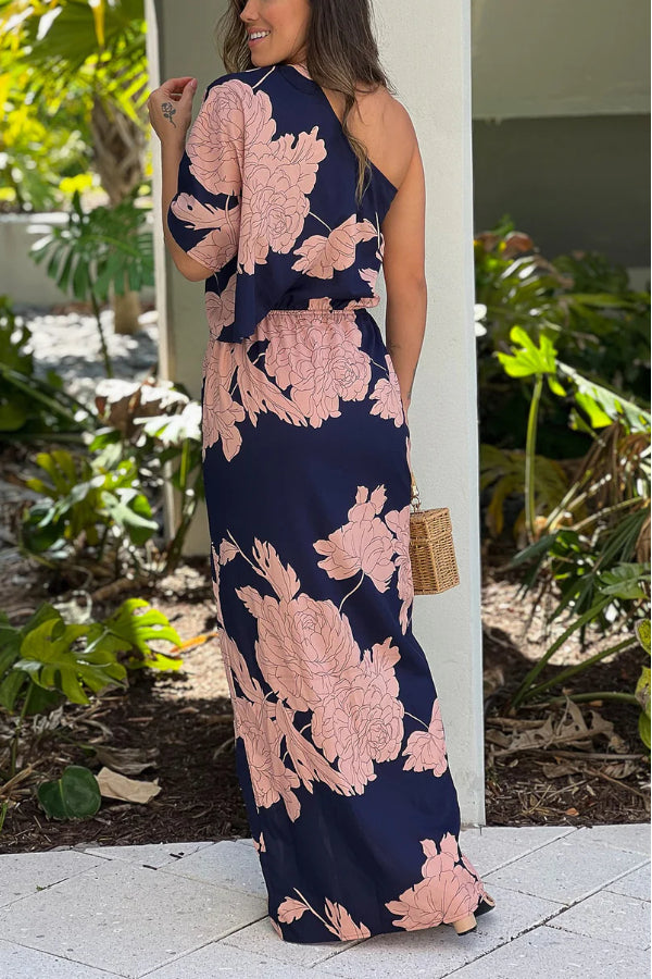 NAVY ONE SHOULDER MAXI DRESS WITH SLIT