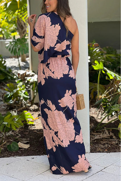 NAVY ONE SHOULDER MAXI DRESS WITH SLIT