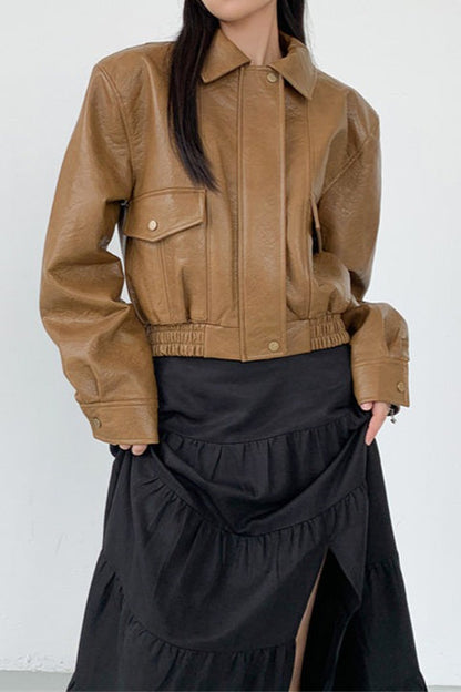 Short PU Leather Notch Lapel Jacket