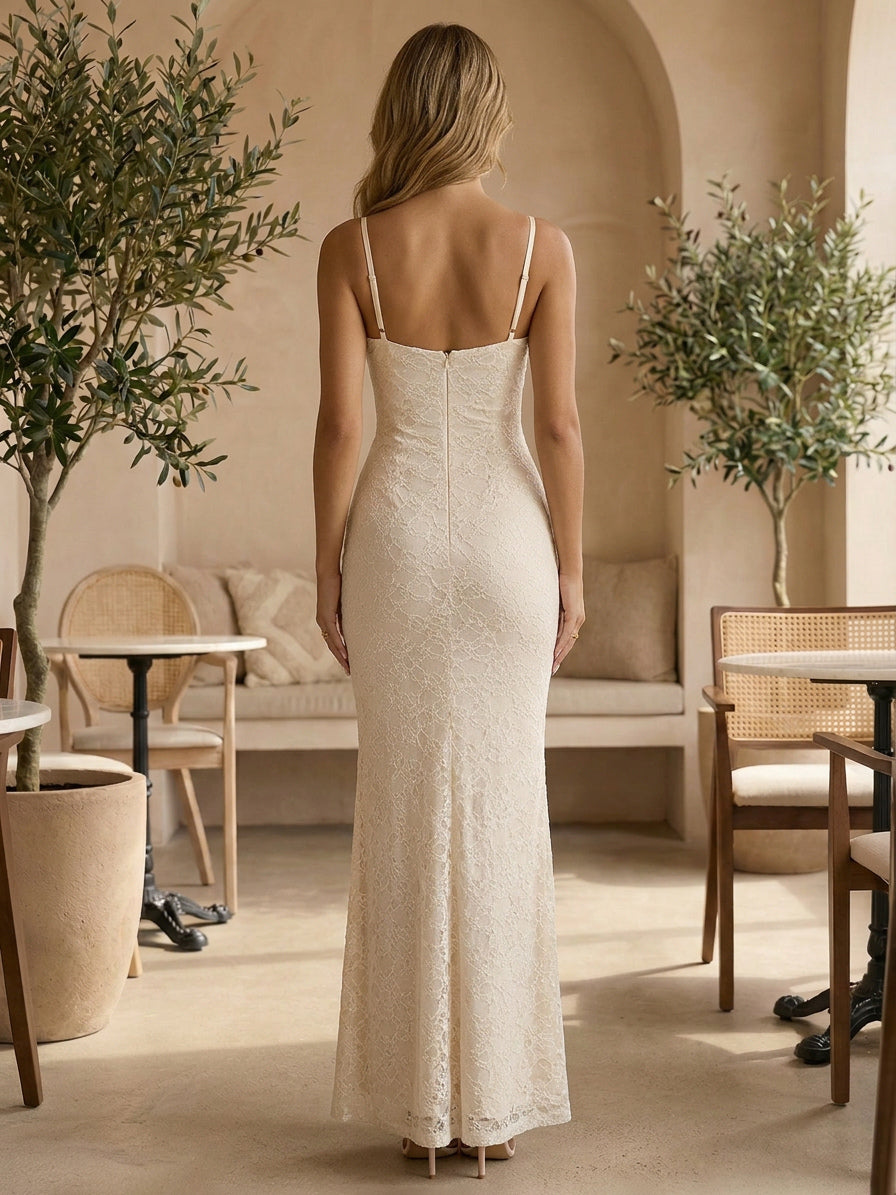 Aesthetic Lace Maxi Dress For Women - Apricot Ruched Bodycon Gown - Summer Wedding Guest Party Wear 2026