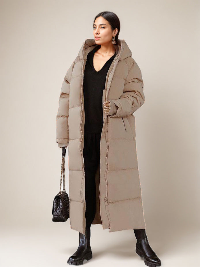 Long Puffer Coats Orange Hooded Winter Full Length Coat For Women