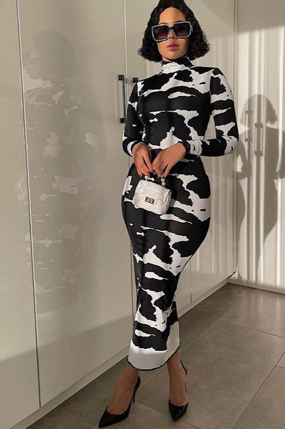 Floral Print High Neck Long Sleeve Bodycon Maxi Dress