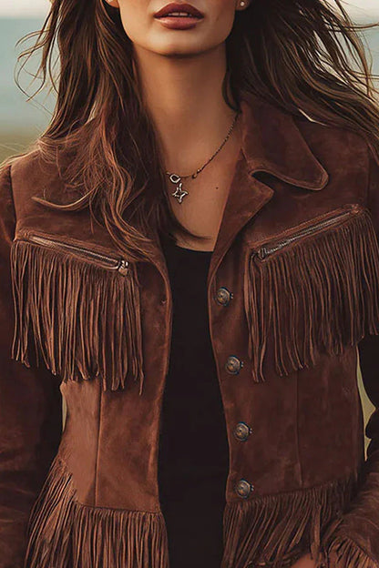 Retro-style Lapel Long-sleeved Tassel Casual Suede Short Jacket