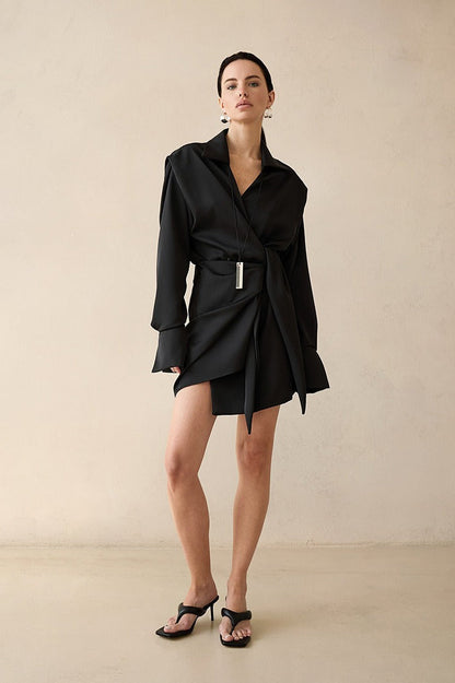 Collared Deep V-Neck Wrap Front Tie Waist Long Sleeve Satin Mini Dress