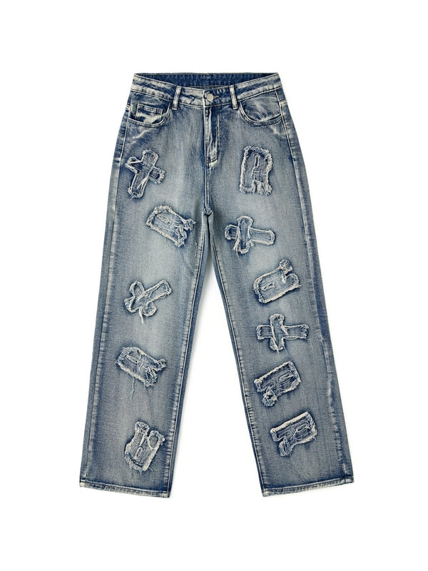 Letter Patch Faded Boyfriend Jeans