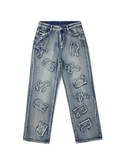 Letter Patch Faded Boyfriend Jeans