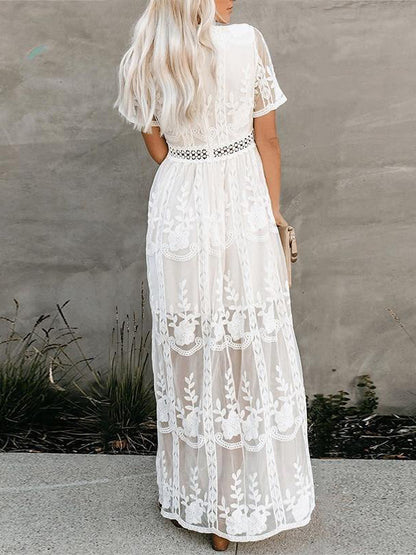 White Lace Boho Maxi Dress for Women - V Neck Short Sleeve Sheer Long Dress - Summer Beach Bridal Resort Wear 2026