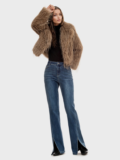 Faux Fur Coats Apricot Long Sleeves Faux Fur Jacket Winter Coat