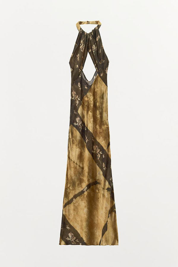 Ninah Color-block Floral Print Cutout Adjustable Halter Neck Maxi Dress
