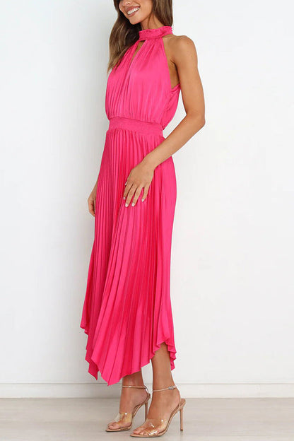 Luxe Look Satin Pleated Halter Elastic Waist Midi Dress