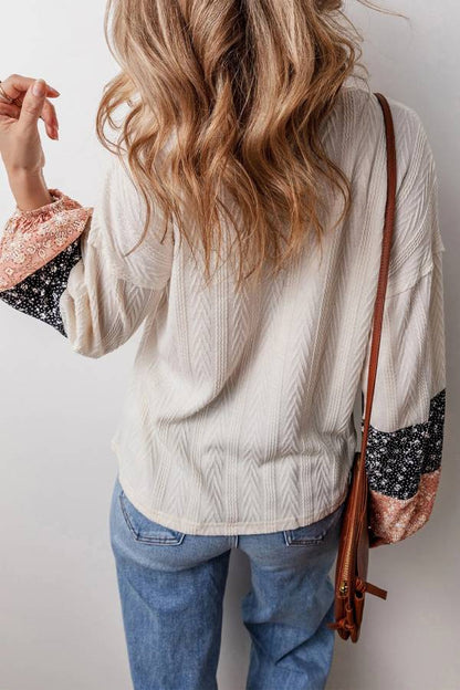 Beige Floral Patchwork Textured Drawstring V Neck Top