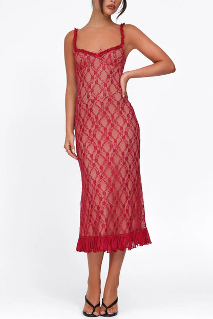 Stylish Plaid Camisole Lace Slim-fit Elegant Midi Dress