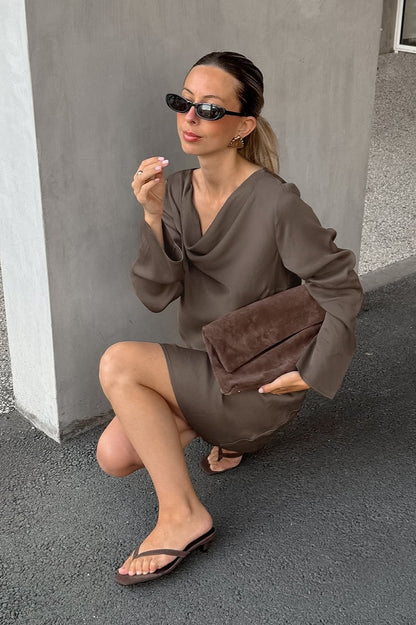 Satin Cowl Neck Long Sleeve Ruffled Hem Mini Dress