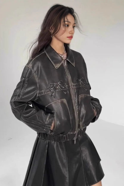 Bow Decor Faux Leather Moto Jacket