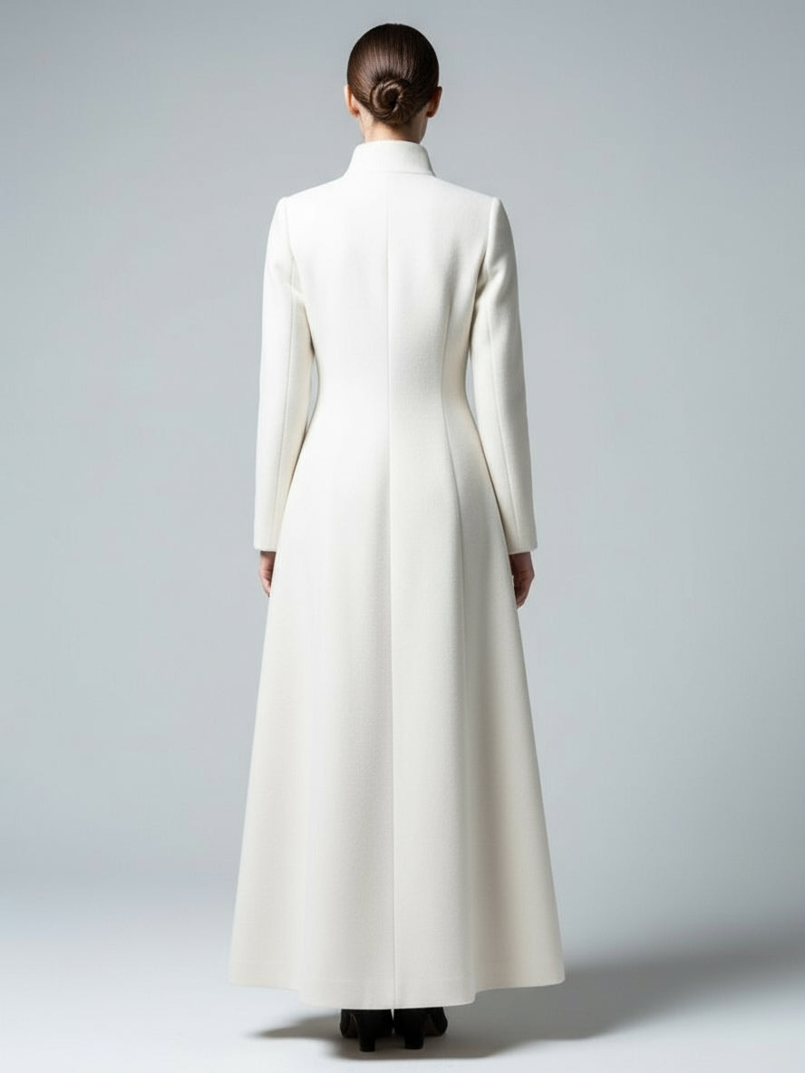 White Woolen Full-Length Coat With Stand Collar And A-Line Silhouette For Women 2026